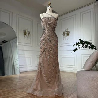 Elegant Nude One-Shoulder Beaded Evening Dress Gown for Formal Occasion