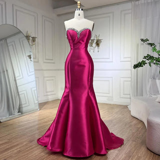 Ships in 1 to 3 Days - Fuchsia Mermaid Mikado Satin Strapless Balloon Sleeves Evening Dress - Women's Wedding Party 2024