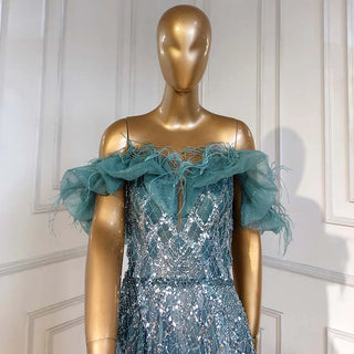 Turquoise A-Line Luxury Evening Dress - Feather Beaded Sweetheart Gown for Women Party 2024