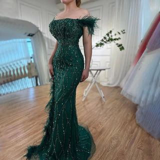 Green Mermaid High Split Evening Dress - Luxurious Beaded Feather Embellishments for Women's Wedding, Prom, or Party 2024