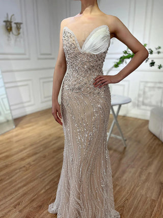 Ships in 1 to 3 Days - 2024 Arabic Nude Mermaid Gown with Pearl Beading - Luxury Saudi Evening Dress for Formal Occasions