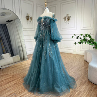 Ships in 1 to 3 Days - 2024 Arabic Green A-Line Elegant Beaded Luxury Evening Gown with Puff Sleeves for Women Party