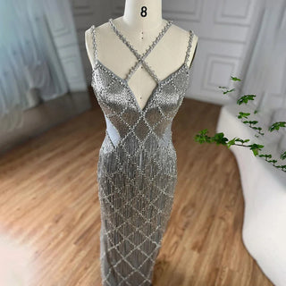 Dubai Silver Mermaid Evening Gown 2024 with Gold Beaded Tassel - Luxury Spaghetti Strap Party Dress for Women