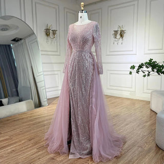 Arabic Pink Mermaid Beaded Evening Dress with Overskirt Luxury Gowns 2024 for Women's Wedding Party