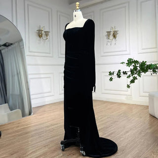 2024 Arabic Black Velvet Mermaid Evening Dress with Gloves | Luxury Dubai Gown for Women's Wedding Party