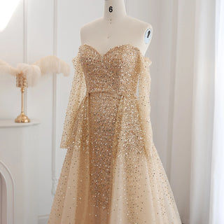 Luxury Dubai Champagne Gold Mermaid Evening Dress with Detachable Overskirt Off Shoulder Arabic Wedding Party