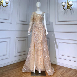 Dubai Champagne Glamour: Luxury Mermaid Arabic Evening Dress with Overskirt, Tailored for Plus Size Women as Wedding Guests at Formal Parties.