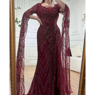 Wine Red Luxury Cape Sleeve Evening Gown 2024 - Beaded Mermaid Elegant Dress for Women's Party