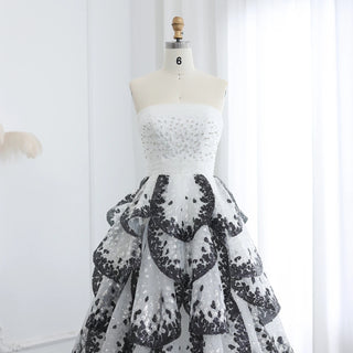 Luxury Black and White Ball Gown - Dubai Evening Dress with Elegant Ruffles for Weddings and Engagement Parties