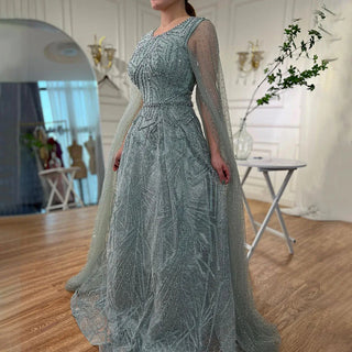 Blue Muslim A-Line Evening Dress 2024 with Cape Sleeves, Beaded Luxury - Ideal for Women's Wedding Party