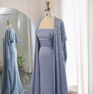 Arabic Blue Mermaid Evening Dress with Cape Sleeves 2024 Luxury Beaded Dubai Women Wedding Guest Party Gowns