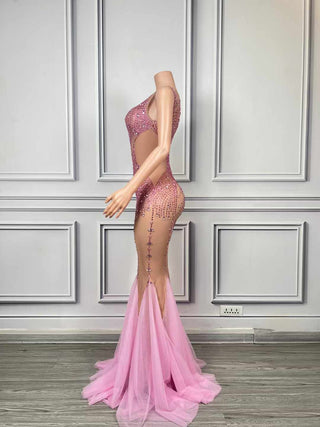 Illusion Crystal-Embellished Mermaid Evening Gown