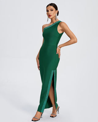 Ships in 1 to 3 Days -Elegant Emerald One-Shoulder Maxi Dress with Glitter Trim