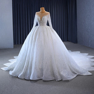 Luxury Heavy Beaded Long Sleeve Puffy Ball Gown Wedding Dress