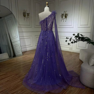 Lilac A-Line One Shoulder Cape Sleeves Feathers Beaded Luxury Evening Dresses: Gowns for Women's Wedding Part