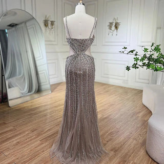 Gray Cut Out Spaghetti Straps Elegant Mermaid Evening Dresses Gowns Luxury Beaded For Woman Party 2024