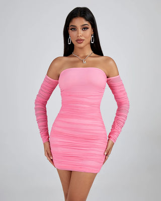 Sexy Off-Shoulder Strapless Open Back Long Sleeve Ruched Mini Dress for Women - Party Club Dress