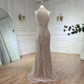 Dubai Luxury Pearls Beaded Mermaid Evening Dress Gown 2024 for Women - White Nude for Wedding Parties