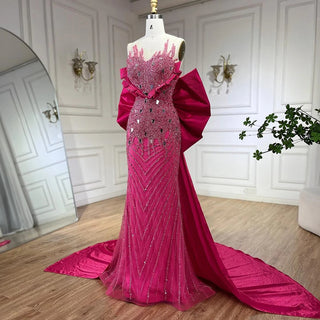 Fuchsia Elegant Mermaid Evening Dress with Pearls - Beaded Luxury Dubai Formal Gown for Women's Party (2024)