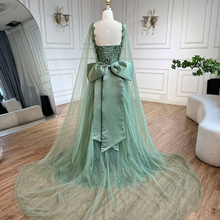 2024 Arabic Sage Green Spaghetti Strap Lace-Up Bow A-Line Appliques Prom Dress for Women Wedding Party