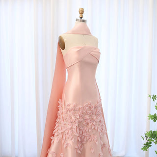 Luxury 3D Leaves Blush Pink Satin Mermaid Evening Dress with Cape - Dubai Arabic Women Wedding Prom Party Gown