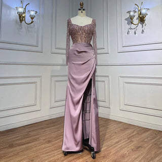 Arabic Pink High Split Beaded Luxury Long Evening Dress - 2024 Wedding Party Gown for Women