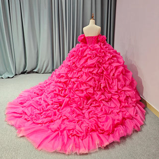 Shiny Fuchsia Off-Shoulder Puffy Evening Party Gown