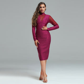 Ships in 1 to 3 Days -Shimmering Long-Sleeve Midi Dress with Sheer Mesh Detail