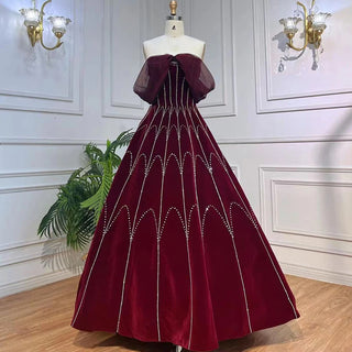 Luxury Dubai: Arabic Burgundy Velvet Ball Gown Evening Dress 2024 with Crystal Details - Perfect for Women's Formal Wedding Parties