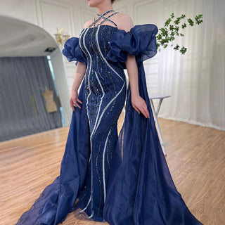 Ships in 1 to 3 Days - Arabic Navy Blue Elegant Mermaid Evening Dress with Balloon Sleeves - Beaded Luxury Dubai Gown for Women's Party