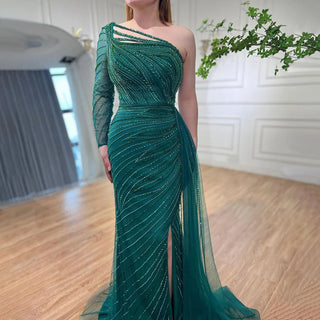 Green One Shoulder Mermaid Split Open Evening Dress: Beaded Sexy Party Gown for Women 2024