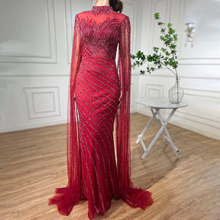 Ships in 1 to 3 Days - Arabic Caramel Mermaid Evening Dress with Cape Sleeves - Lace Beaded Long Gown for Women's Wedding Party (2024)