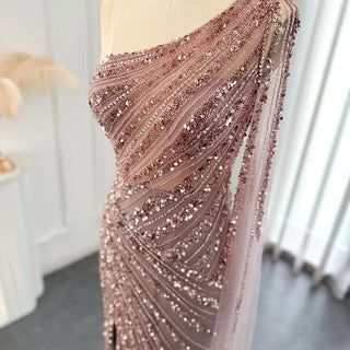 Luxury Pink One-Shoulder Mermaid Arabic Evening Dresses with Cape Sleeve and Side Slit: Ideal for Dubai Wedding Party Gowns