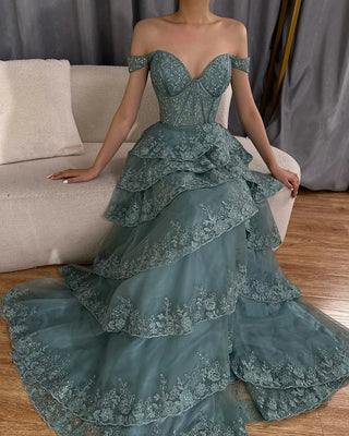 Ships in 1 to 3 Days - 2024 Arabic Turquoise Shoulder Strap Evening Gown - Tiered Beaded Dress with Front Split for Formal Occasions