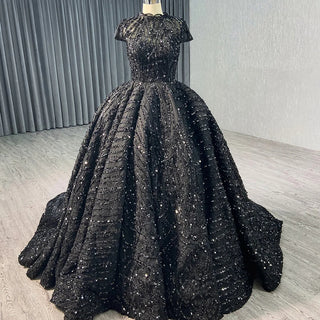 Shiny Black Short Sleeve High Neck Ball Gown Evening Dress