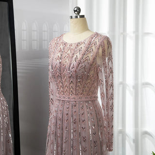 Ships in 1 to 3 Days - Pink Mermaid Elegant Evening Gown 2024: O-Neck, Long Sleeves, Luxury Beaded for Woman Party