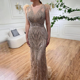 Elegant Luxury Nude Mermaid Evening Dress with Feather Beading - Party Gown for Women 2024