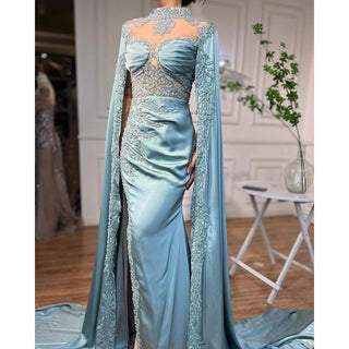 Luxury Mint Mermaid Evening Dress with High Collar and Beaded Cape Sleeves - Women's Party Gown 2024