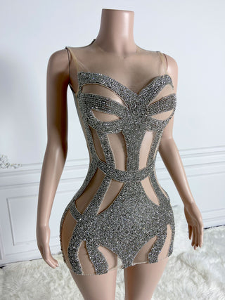 Ships in 1 to 3 Days - Glittering Cut-Out Bodice Mini Dress with Rhinestone Embellishments