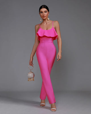 Pink One-Piece Chic Ruffle Strap Wide-Leg Jumpsuit for Women 2024