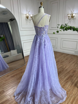 2024 Arabic Lilac One-Shoulder A-Line Lace Appliques Luxury Prom Dress for Women's Party