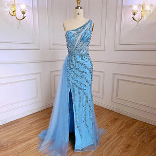 Blue Sexy One Shoulder Mermaid Elegant Beaded Arabic Evening Dress Gown for Women Wedding Party 2024