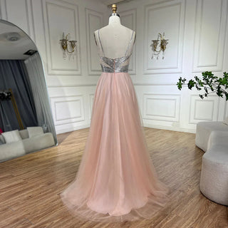 Ships in 1 to 3 Days - 2024 Arabic Peach Elegant Spaghetti Strap Beaded A-Line Prom Dress for Women | Wedding Party