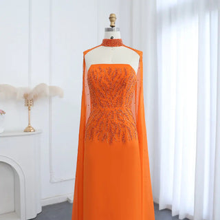 Arabic Orange Strapless Evening Dress with Cape Sleeve for Women, Luxury Dubai Formal Party Gowns