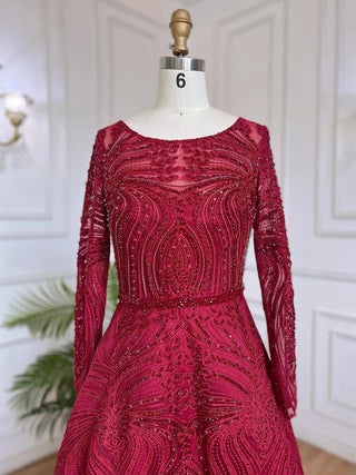 Muslim Wine Red Luxury Evening Dress - Women's Wedding Party Gown 2024 A-Line Beaded