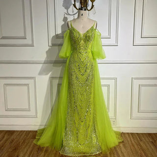 Arabic Lemon Spaghetti Strap Evening Gown Beaded Overskirt Luxury Dresses for Women's Wedding Party 2024