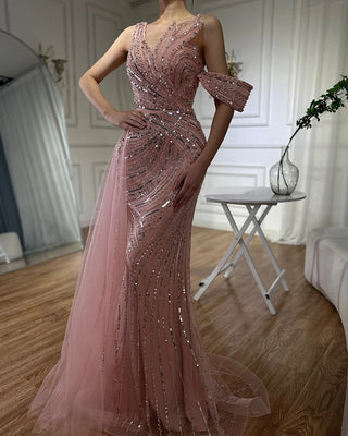 Ships in 1 to 3 Days - 2024 Arabic Pink Mermaid Evening Gown with One Shoulder and Beaded Detailing - Elegant Long Dress for Formal Occasions