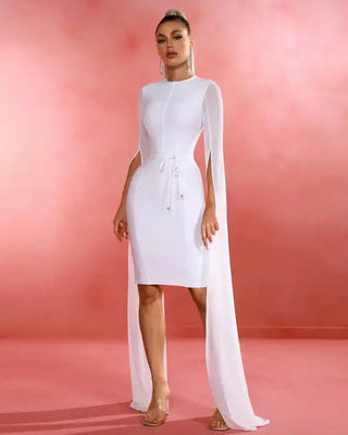 Fall 2023 Women’s Formal Evening Dress - White Chiffon Long Sleeve Short Bandage Dress for Women