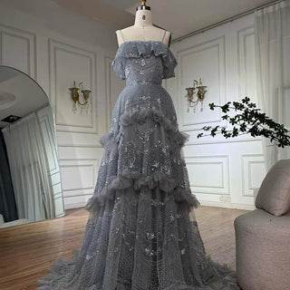 Ships in 2 to 5 Days - 2025 Arabic Gray A-Line Off-The-Shoulder Beaded Saudi Evening Gown for Formal Occasions