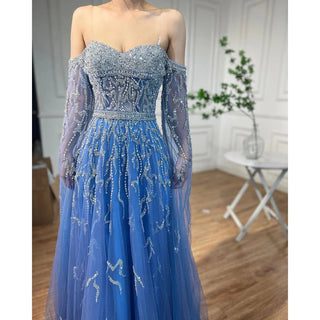 Ships in 1 to 3 Days - Blue A-Line Off-Shoulder Cape Sleeves Evening Dress 2024 - Beaded Luxury Gown for Women's Arabic Party